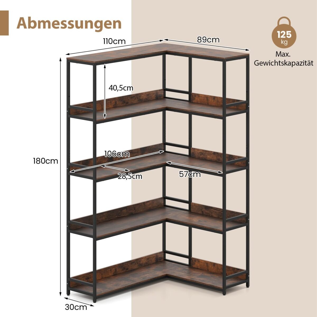 5 pakopų kampinė lentyna L formos dizaino (Natūrali ruda)