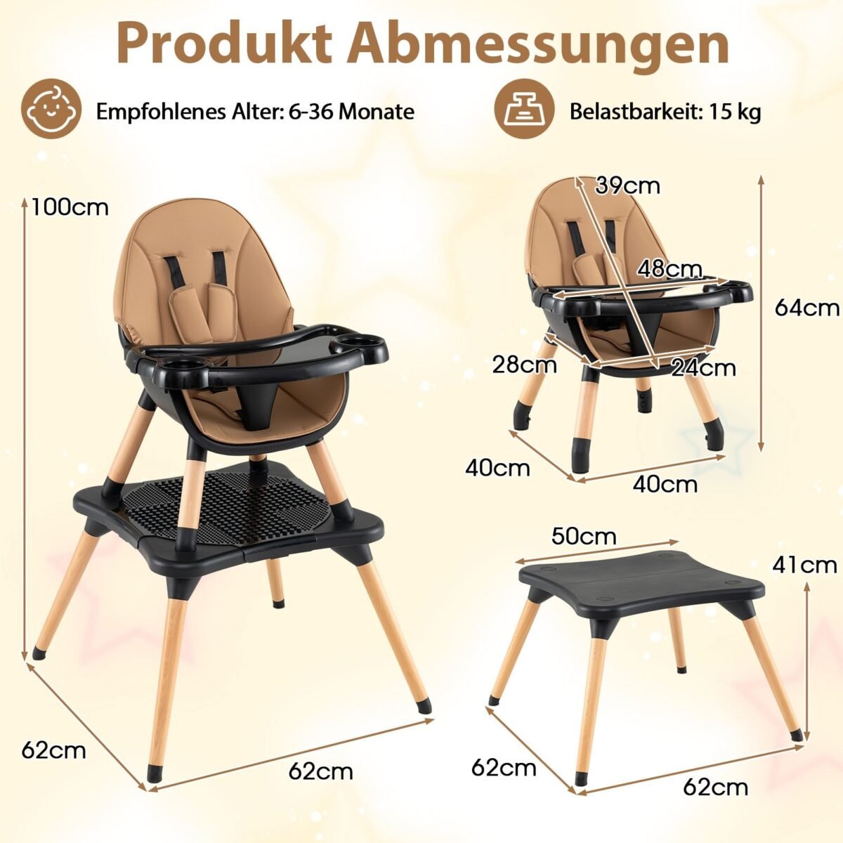 Daugiafunkcis vaikiškos kėdutės ir stalo komplektas su konstravimo detalių stalviršiu (Ruda)