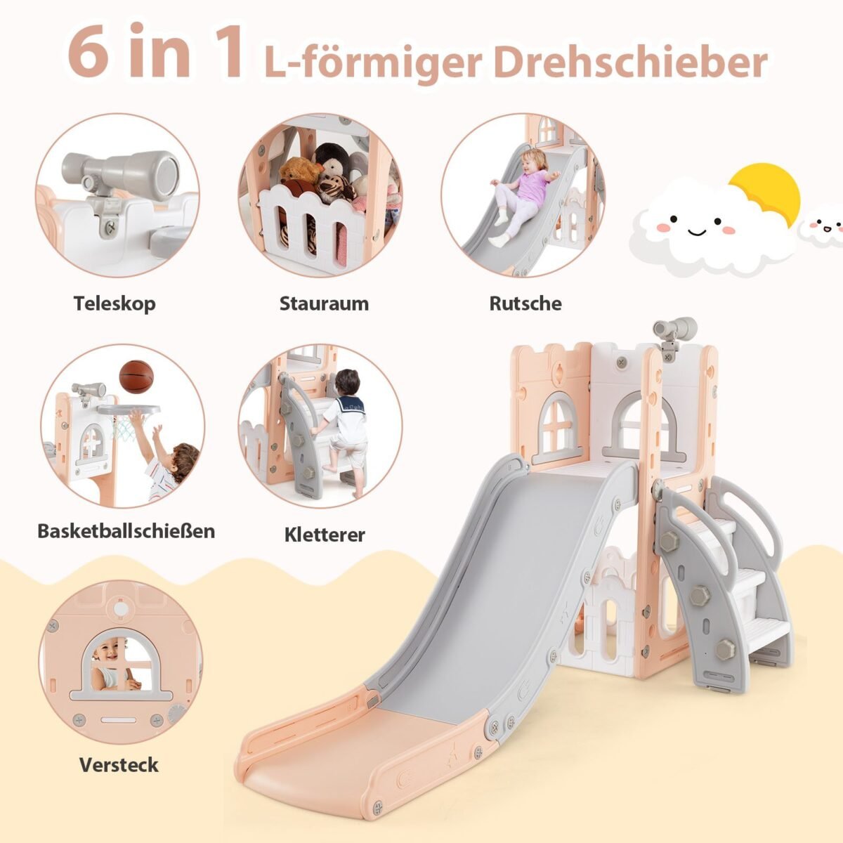 Daugiafunkcinė vaikų žaidimų aikštelė su krepšinio lenta (Rožinė)