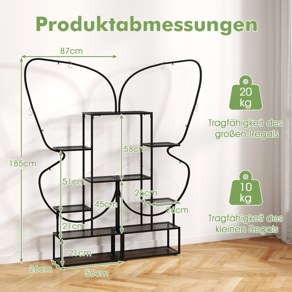 Metalo gėlių stovas drugelio formos 6 pakopų (Juoda)