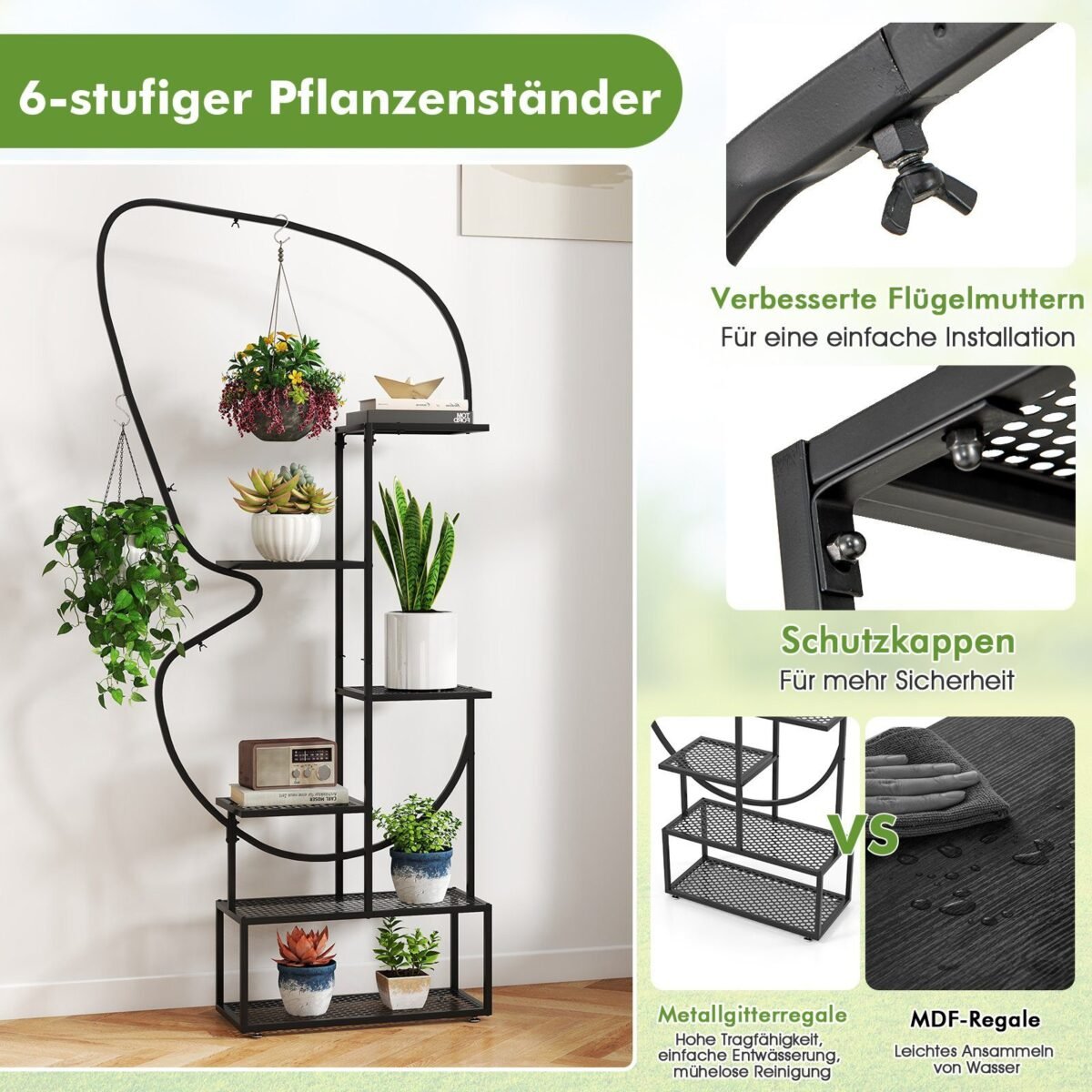 Metalo gėlių stovas drugelio formos 6 pakopų (Juoda)