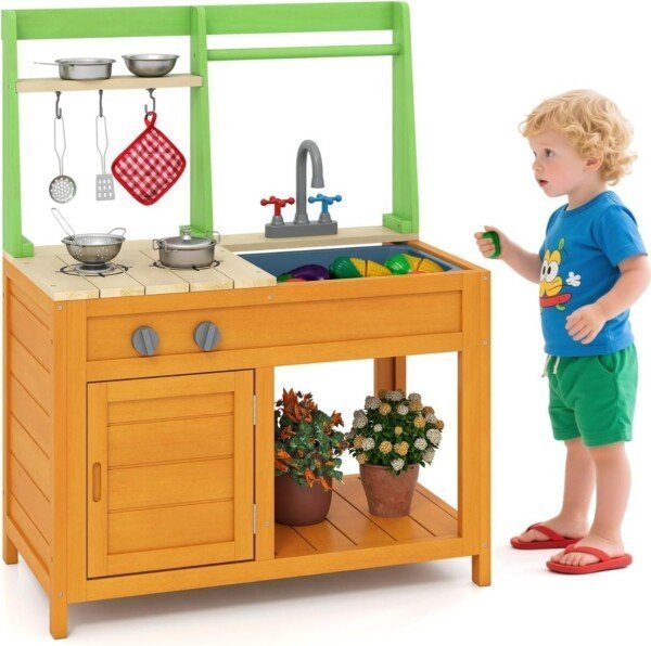 Vaikiška smėlio virtuvėlė su priedais (Natūrali)