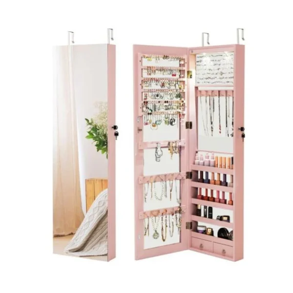 Kompaktiška papuošalų spinta su LED apšvietimu ir veidrodžiu (Rožinė)