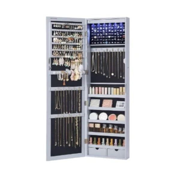 Aptaisoma papuošalų laikymo spintelė su LED apšvietimu ir veidrodžiu (Pilka)