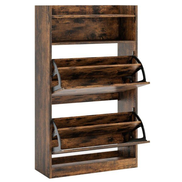 Siaura dviejų durelių batų spintelė su paslėptais stalčiais (Kavos)