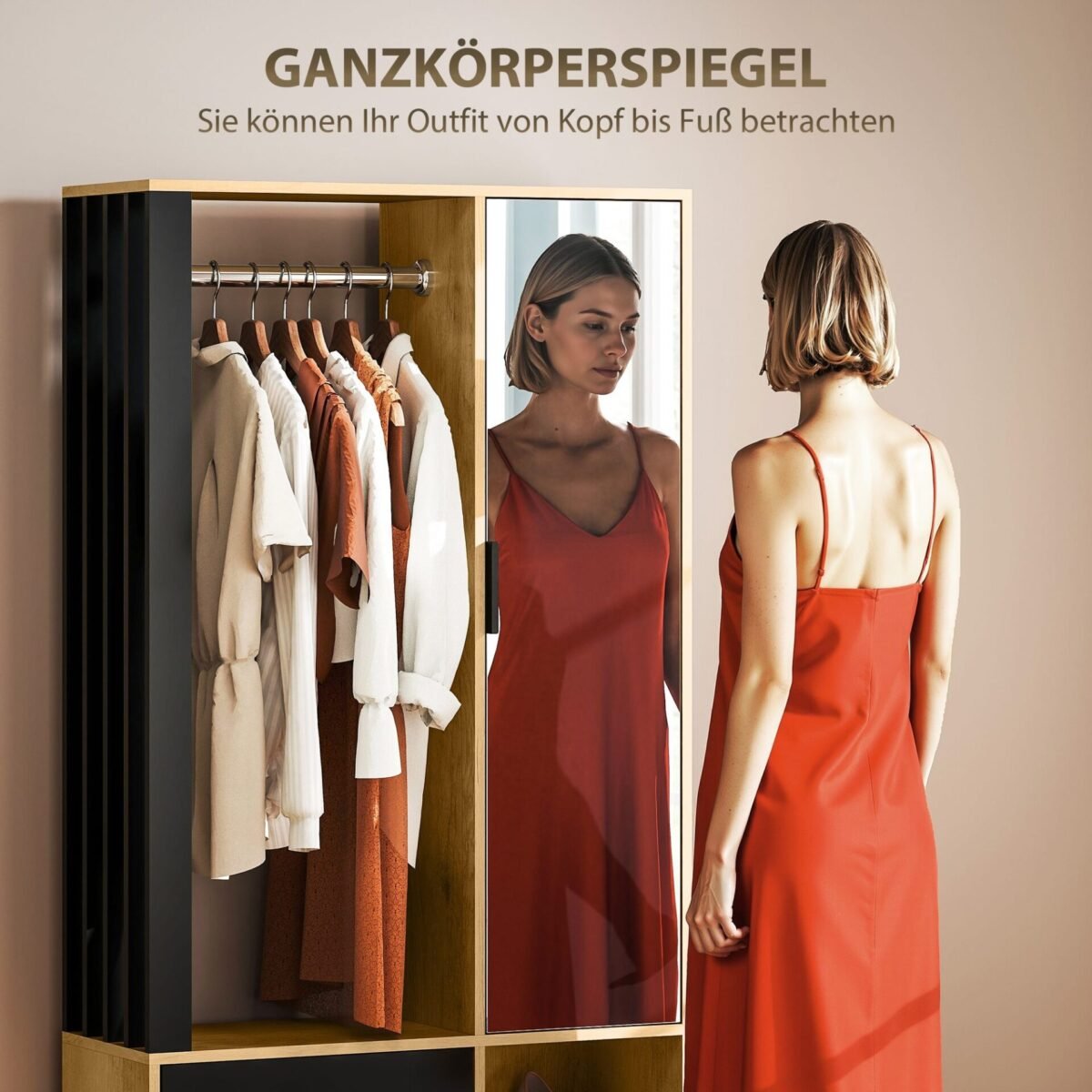 Drabužių spinta su veidrodžiu ir universaliais skyriais