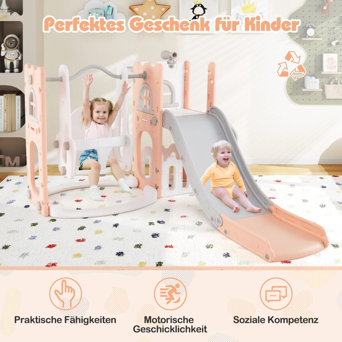 L formos 7-in-1 vaikiška supynių ir čiuožyklos kombinacija (Rožinė)