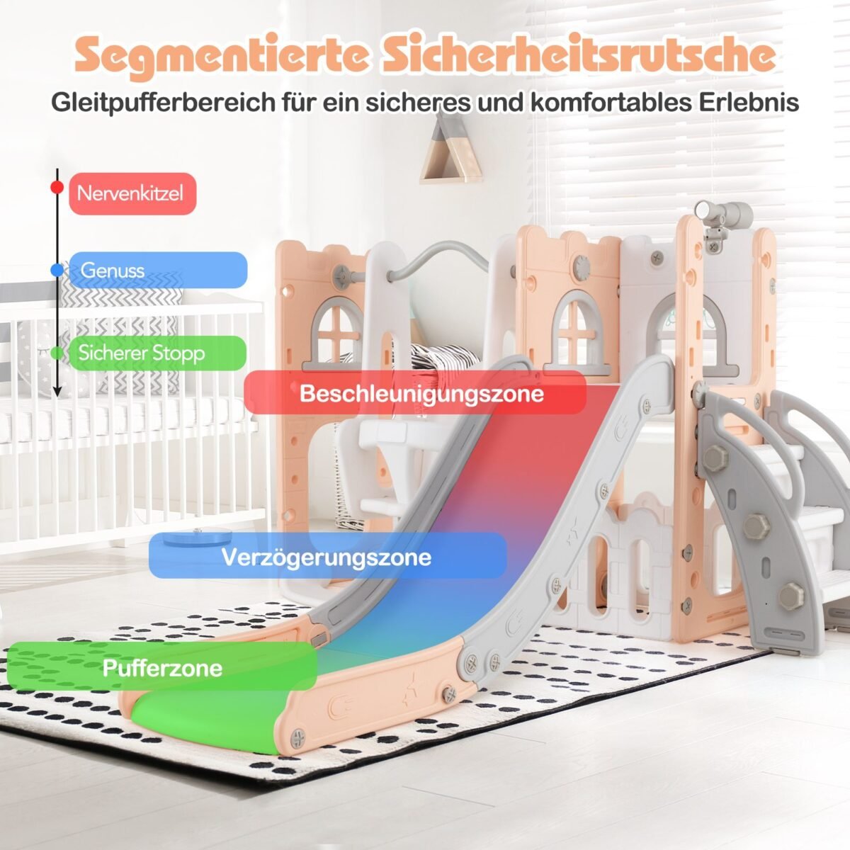 L formos 7-in-1 vaikiška supynių ir čiuožyklos kombinacija (Rožinė)