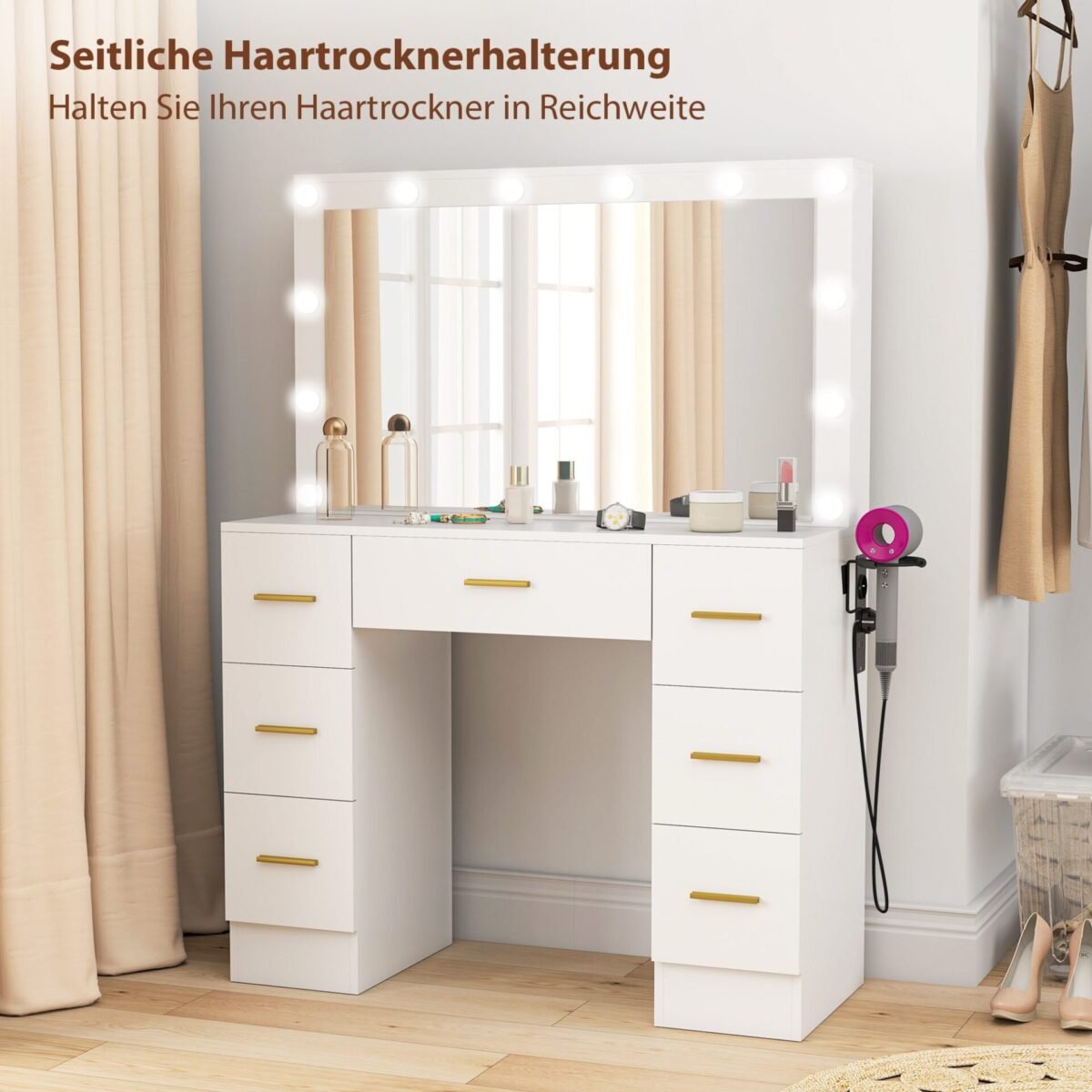 Kompaktiškas makiažo staliukas su 7 stalčiais ir LED apšvietimu