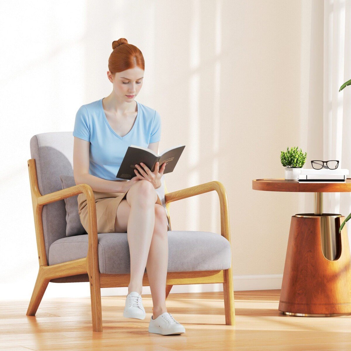 Elegantiškas lounge krėslas su mediniu rėmu ir aksomo imitacijos apmušalais