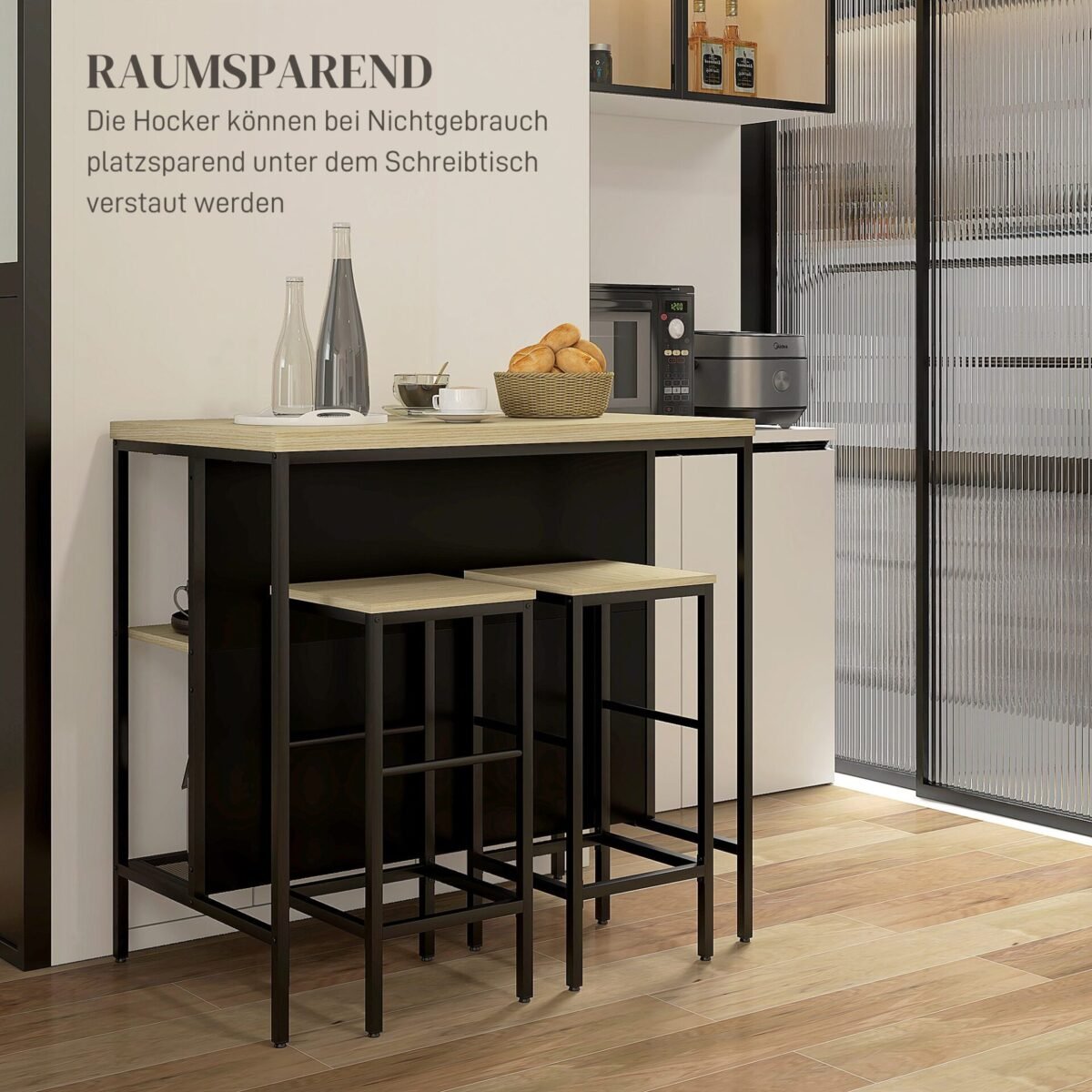 3 dalių baro komplektas su lentynomis ir po stalu pastumiamomis kėdėmis