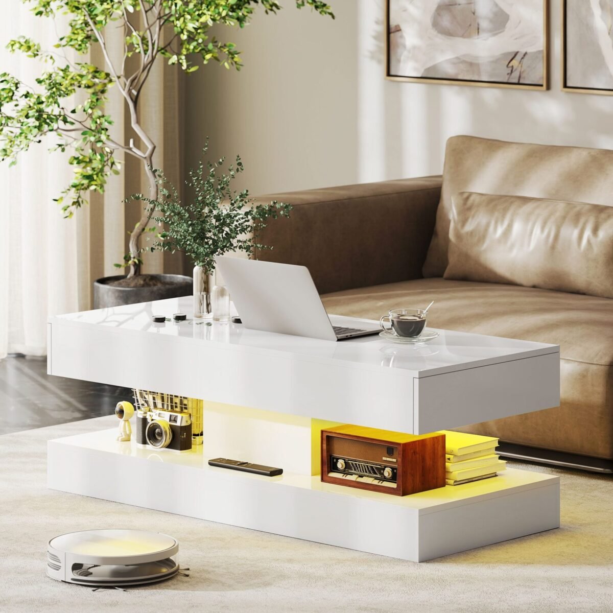 Modernus kavos staliukas su nuotoliu valdomu LED apšvietimu ir talpia saugykla