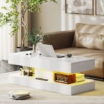 Modernus kavos staliukas su nuotoliu valdomu LED apšvietimu ir talpia saugykla