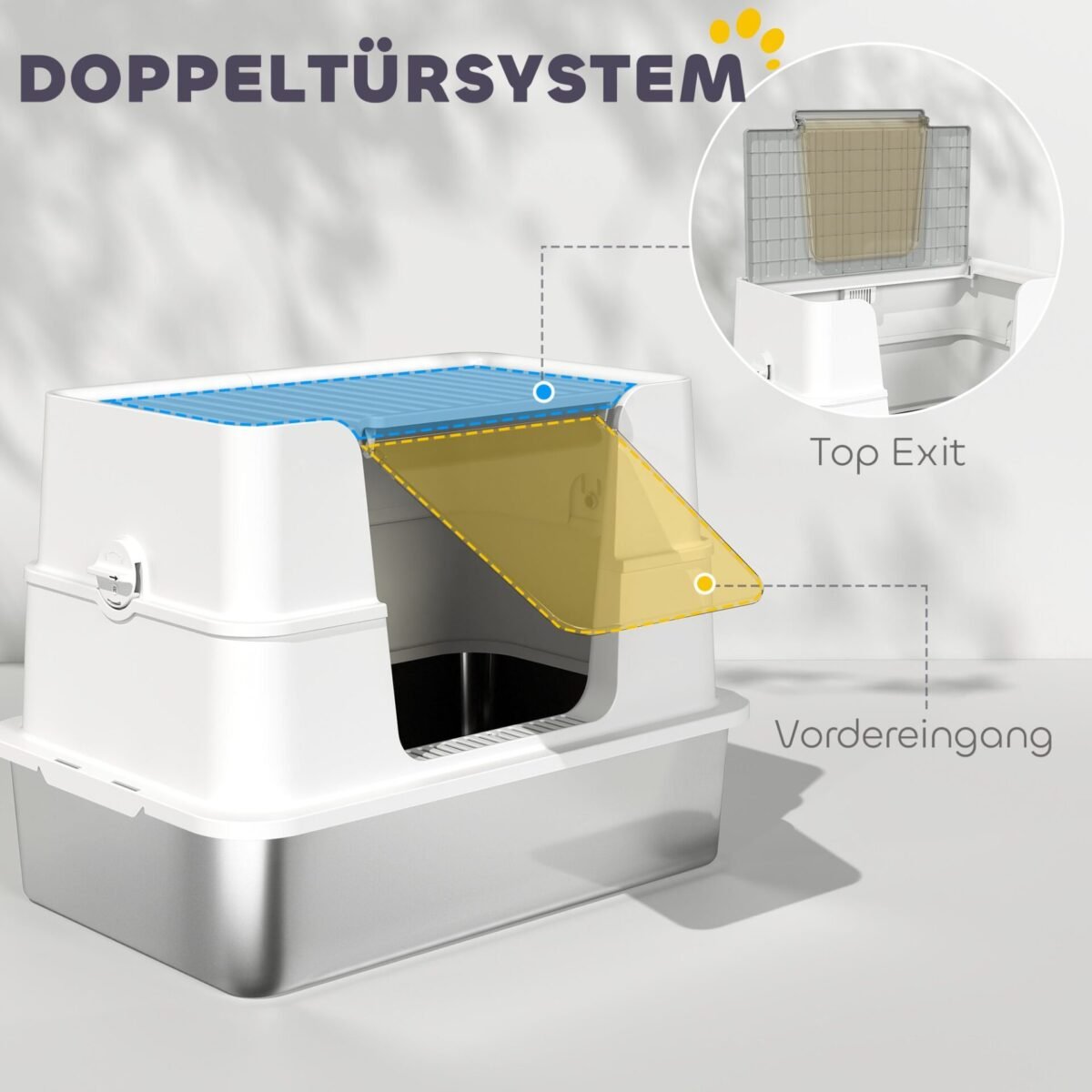 Erdvus katės tualetas iš nerūdijančio plieno su dvigubu įėjimu