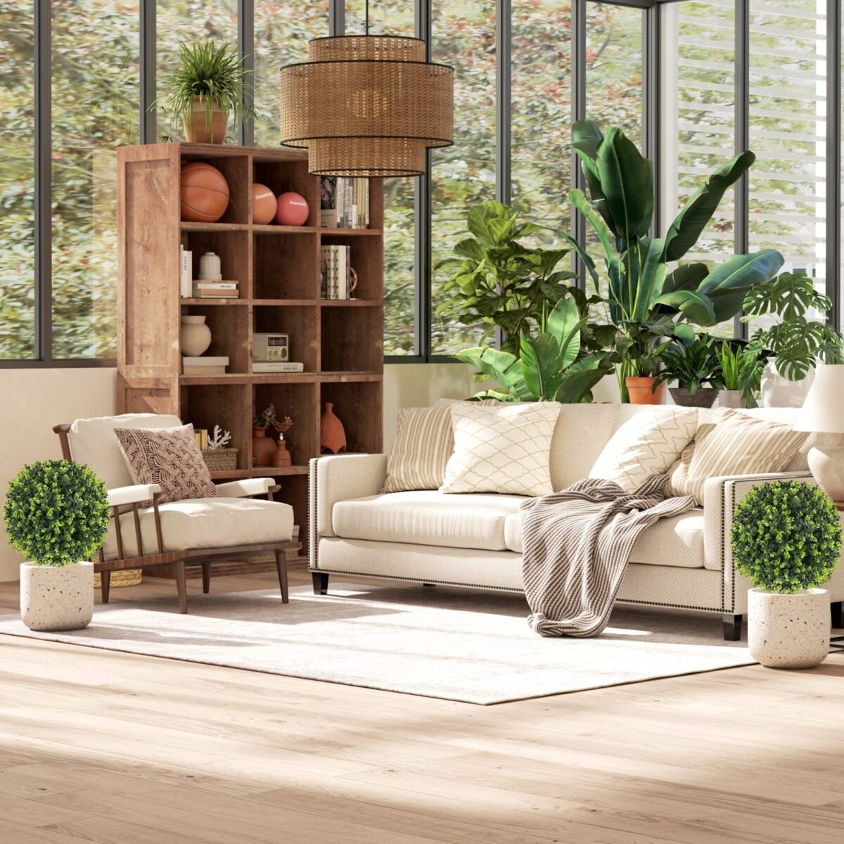 Dirbtinių buksmedžio rutulių rinkinys, 2 vnt., su tvirtinimo kuoliukais, UV spinduliams atsparūs