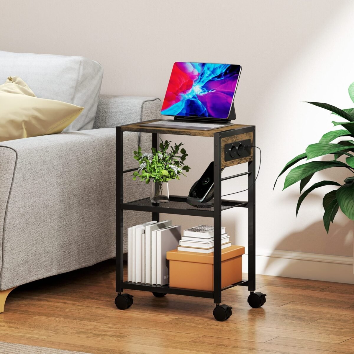 Mobilus spausdintuvo stovas su integruotais elektros ir USB lizdais