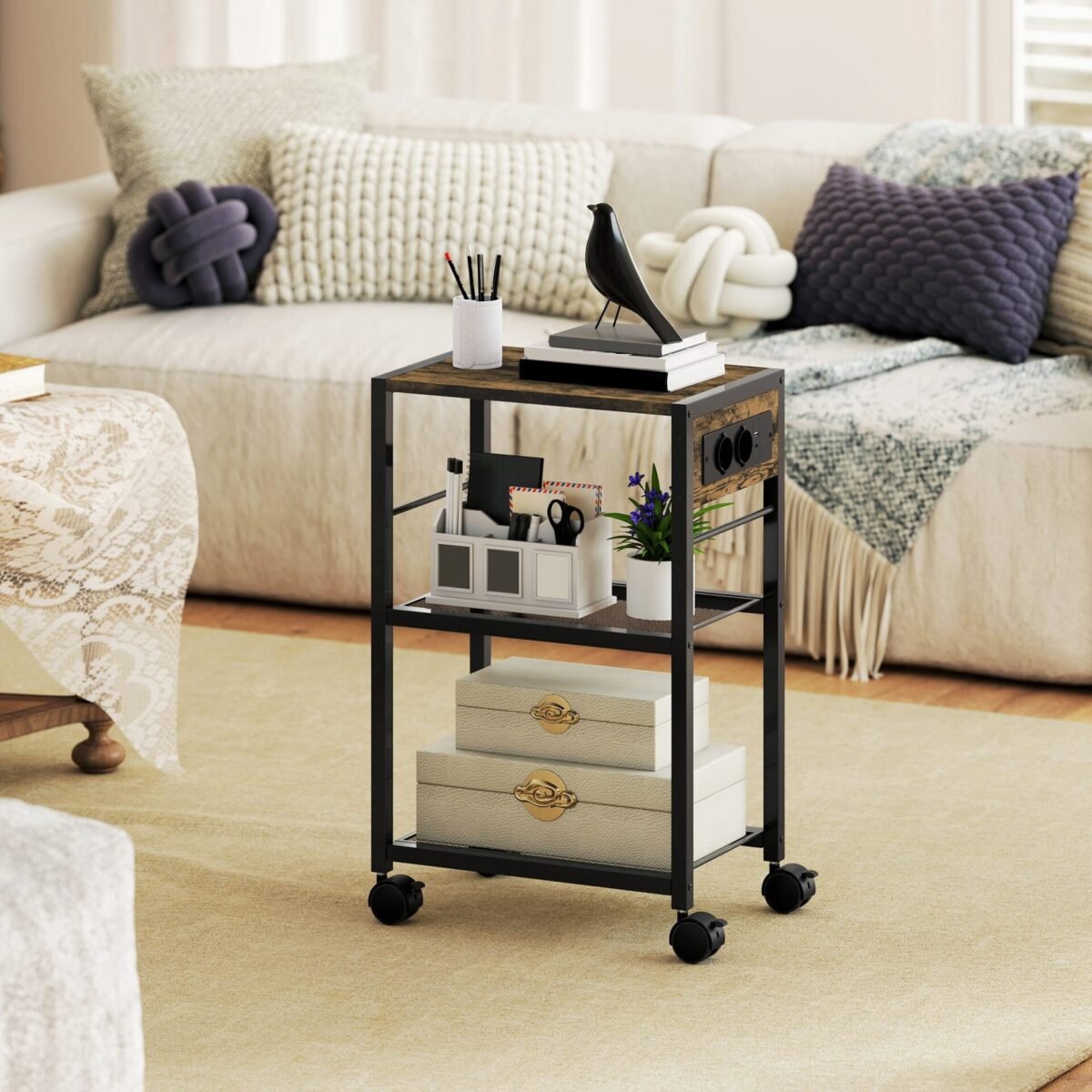 Mobilus spausdintuvo stovas su integruotais elektros ir USB lizdais