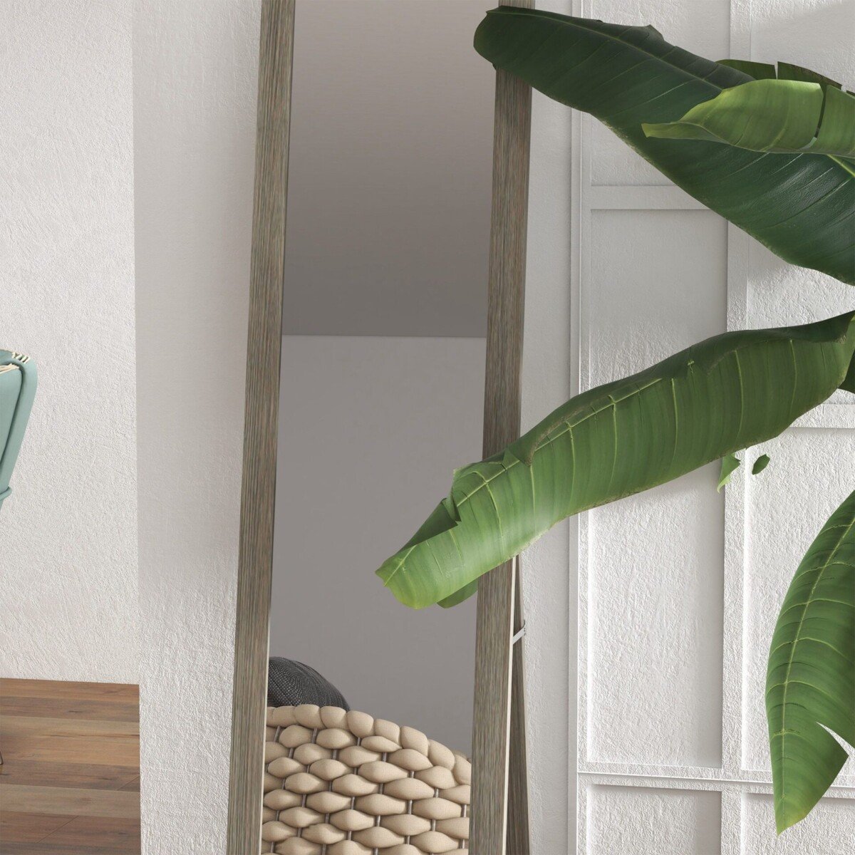 Pastatomas arba sieninis viso ūgio veidrodis su medžio imitacijos rėmu