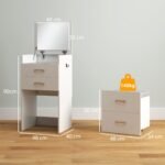 3-in-1 makiažo staliukas su veidrodžiu, naktinis staliukas ir ratinis pufas