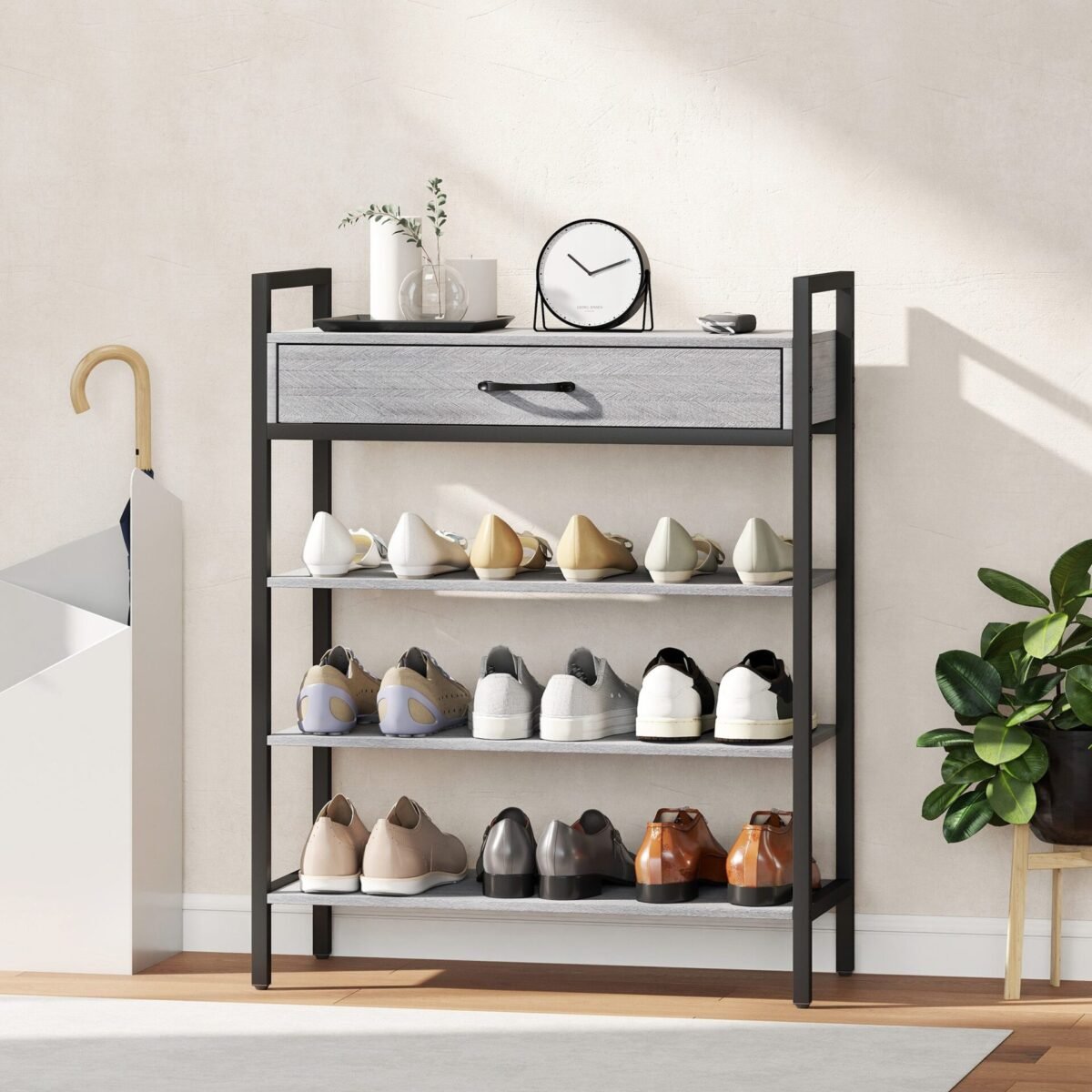 Trijų lygių prieškambario batų lentyna su stalčiumi