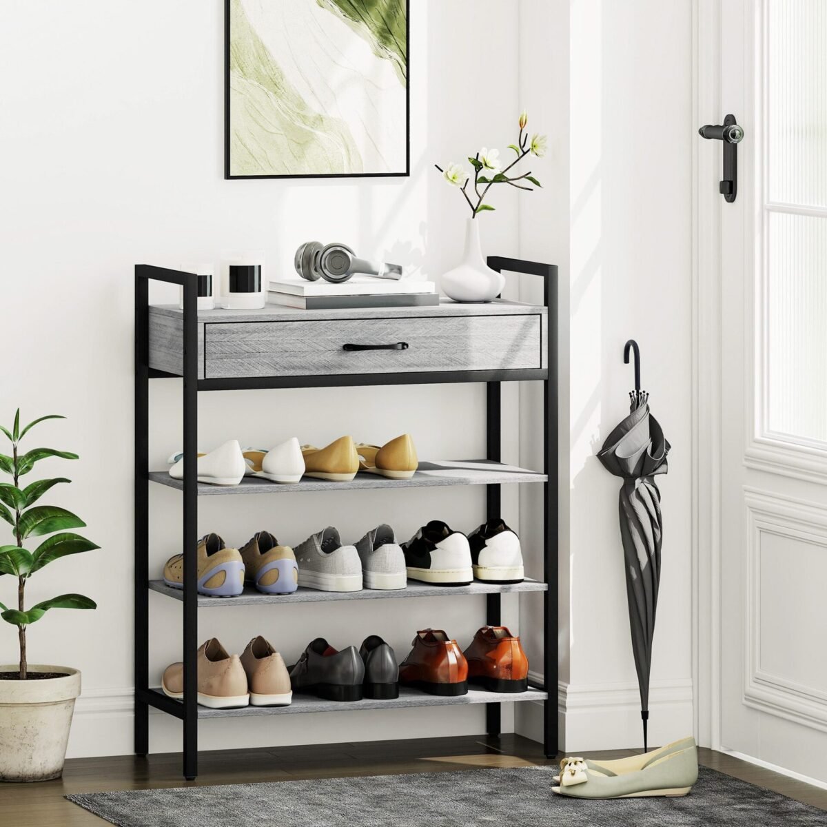 Trijų lygių prieškambario batų lentyna su stalčiumi