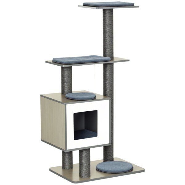 Kačių draskyklė-medis su sisalo stulpais ir pliušine slėptuve