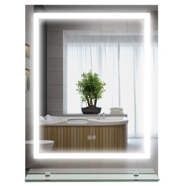 LED apšvietimu veidrodis su atitirpinimo funkcija ir lentyna