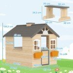 Medinis vaikiškas žaidimų namelis su suoliuku ir gėlių vazonų laikikliu