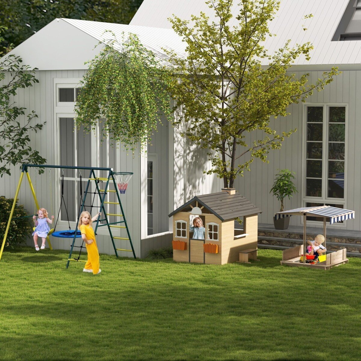 Medinis vaikiškas žaidimų namelis su suoliuku ir gėlių vazonų laikikliu