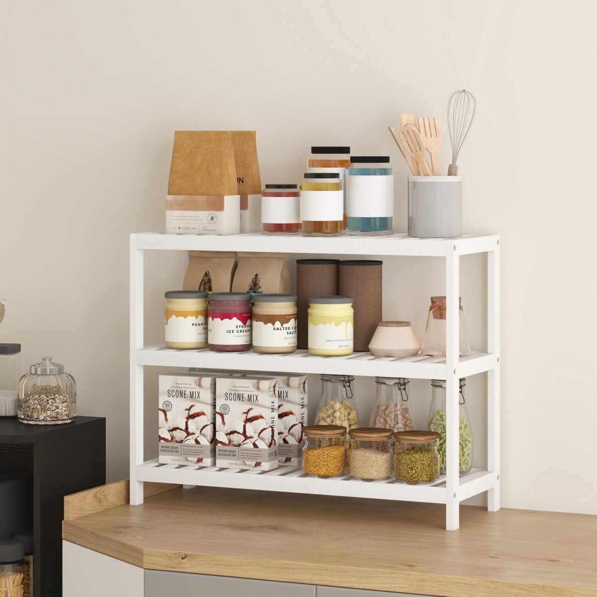 Trijų lygių bambukinė batų ir daiktų lentyna