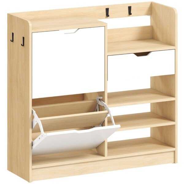 Batų spintelė su atverčiamais skyriais, atviromis lentynomis ir kabliukais