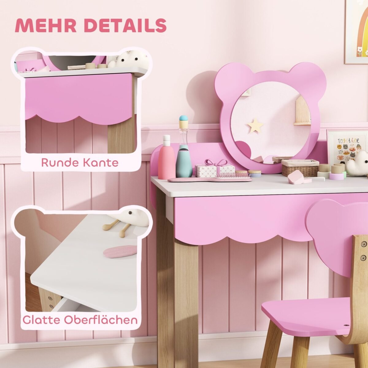 Meškos formos vaikų kosmetinis staliukas su kėdute ir stalčiumi