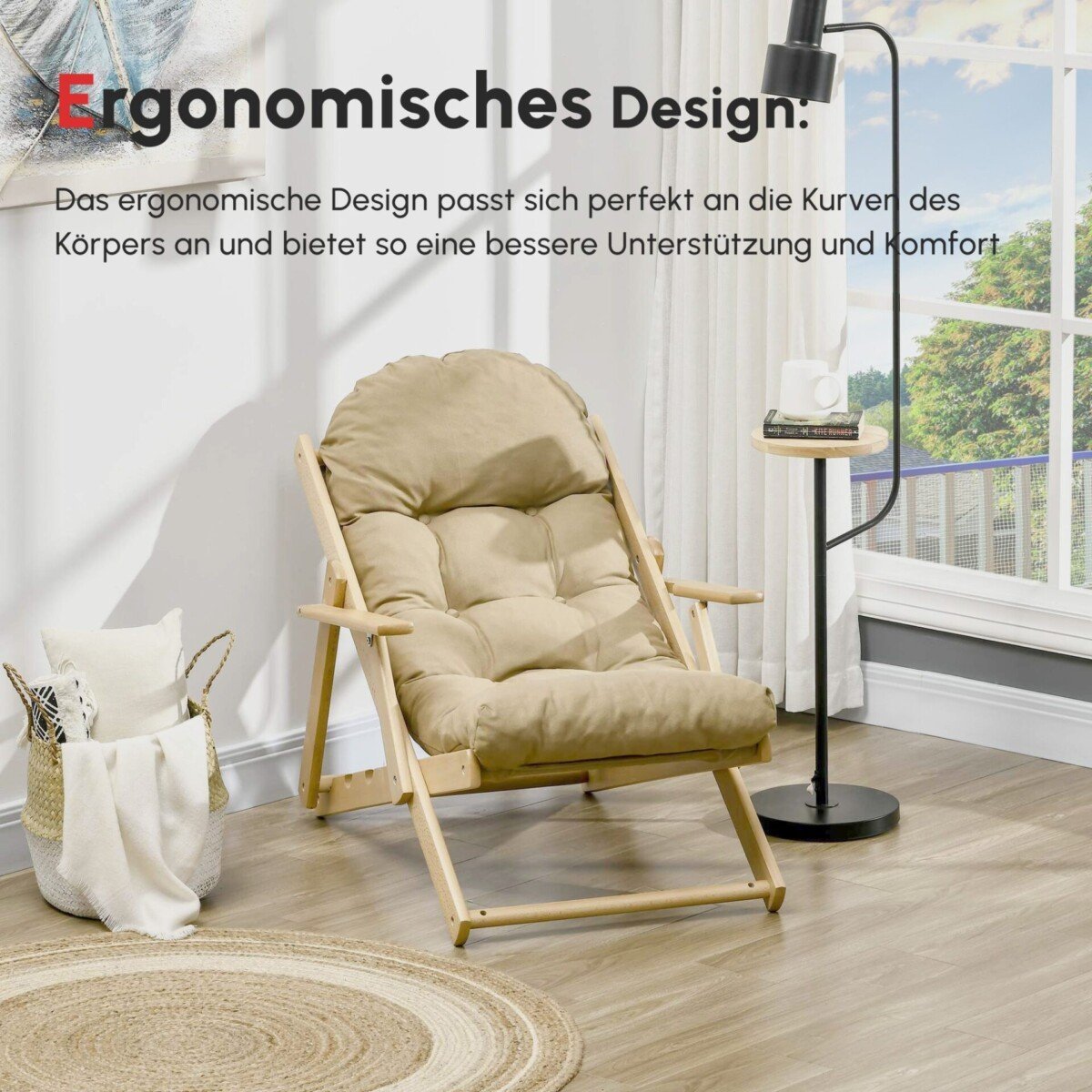 Poilsio fotelis su reguliuojamu atlošu ir sulankstomu buko rėmu