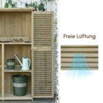 Medinė sodo įrankių spinta su žaliuzinėmis durimis ir bituminiu stogu