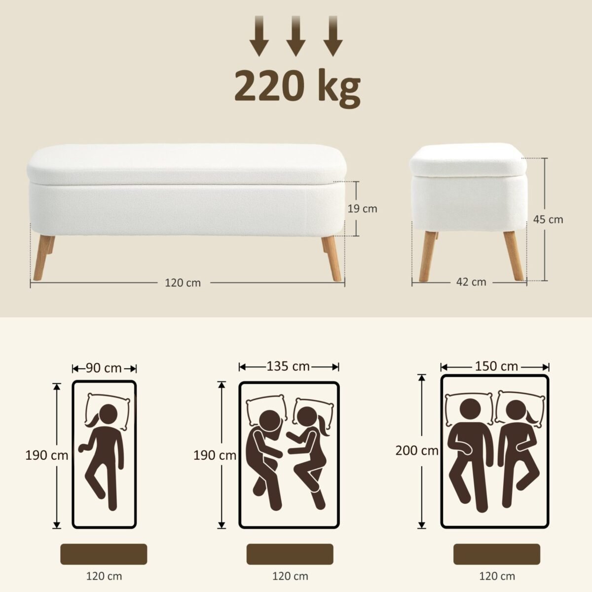 Sėdimasis suoliukas-daiktadėžė su 65 L talpa ir patogiu flisiniu apmušalu