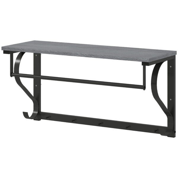 Industrinio stiliaus sieninė drabužių kabykla su lentyna, pakabinamu strypu ir 5 kabliais