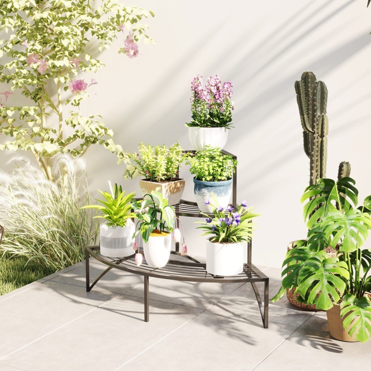 Kampinis trijų pakopų augalų stovas