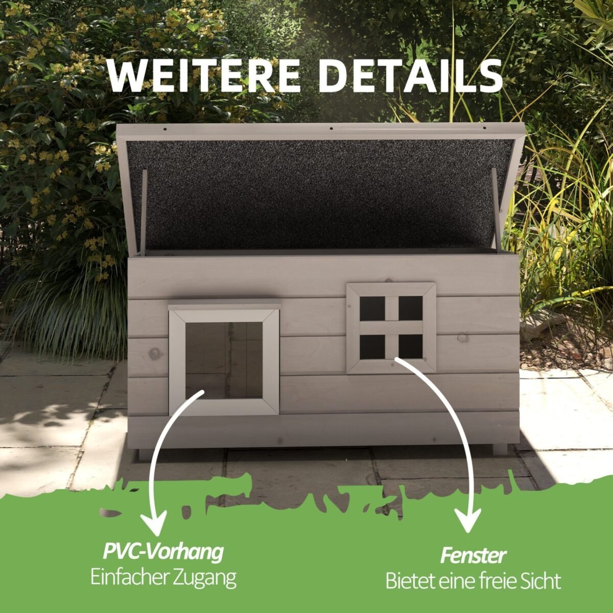 Lauko namelis katėms su asfalto stogu ir pakelta konstrukcija