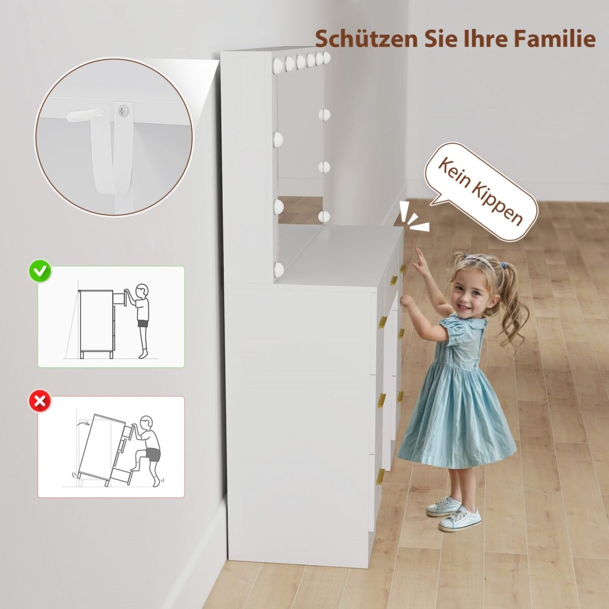 Kompaktiškas makiažo staliukas su 7 stalčiais ir LED apšvietimu