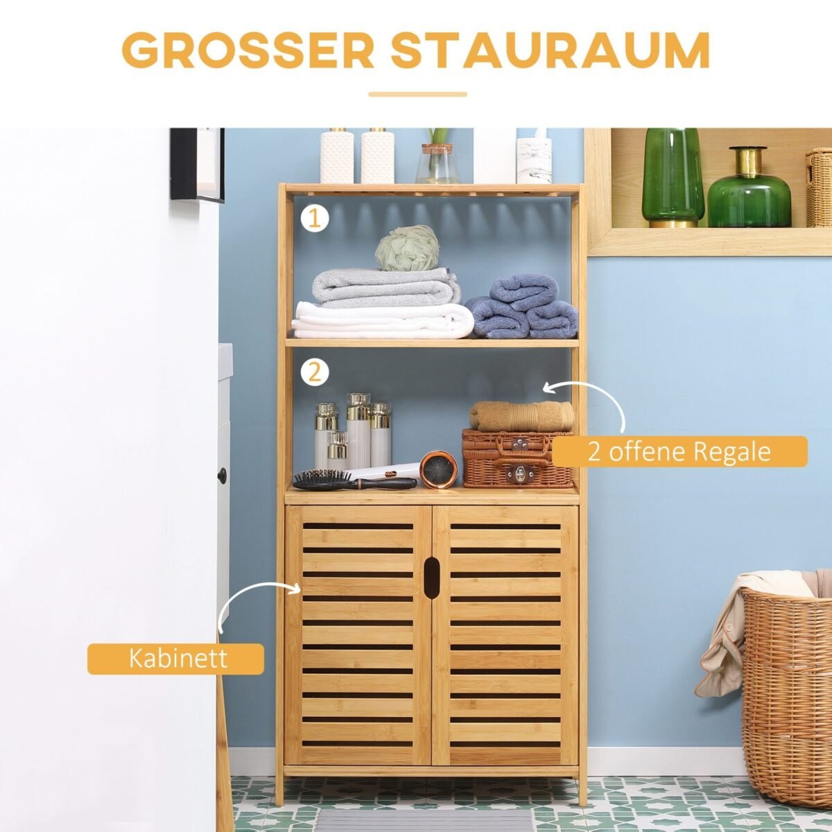 Bambukinė spintelė su atviromis lentynomis ir žaliuzinėmis durelėmis