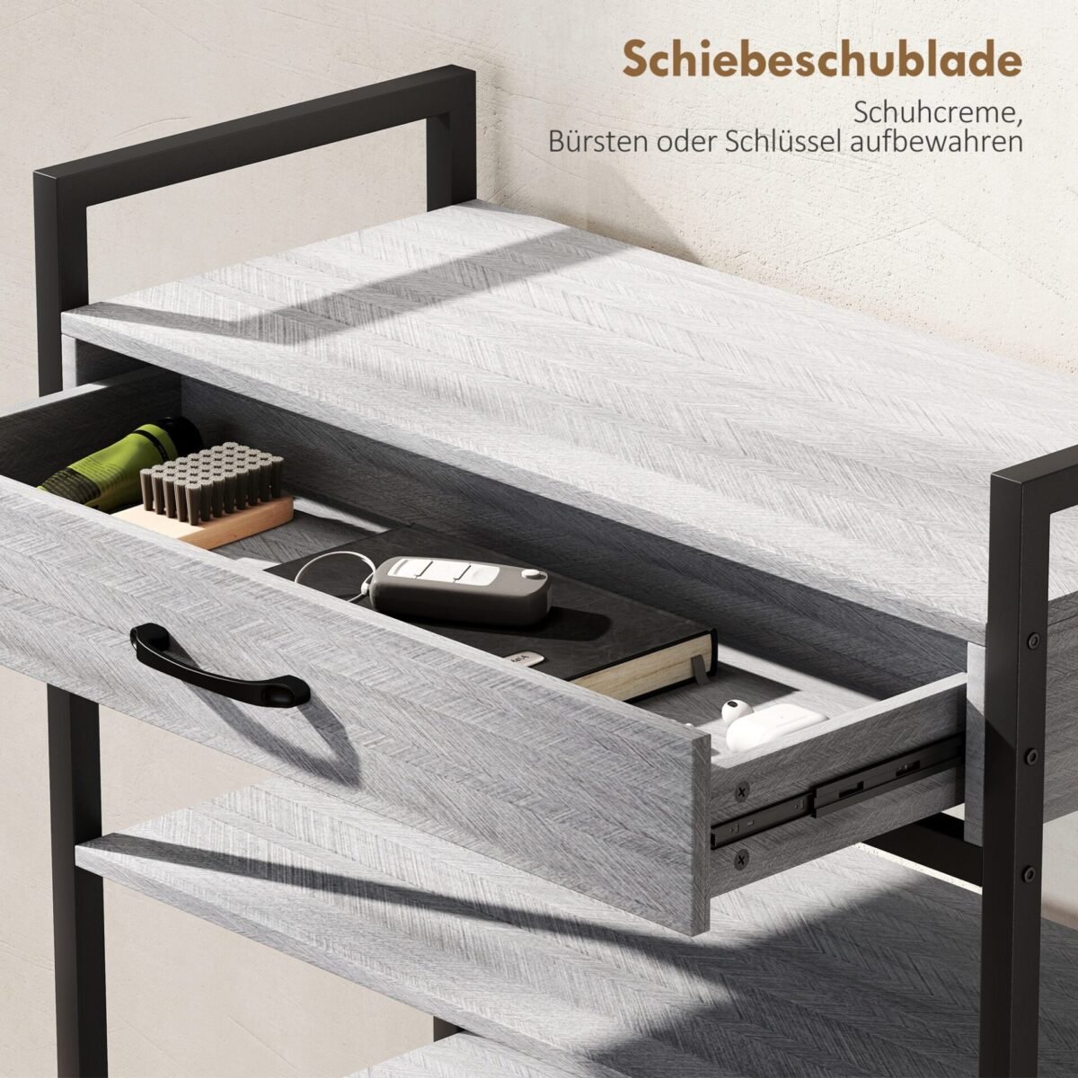 Trijų lygių prieškambario batų lentyna su stalčiumi