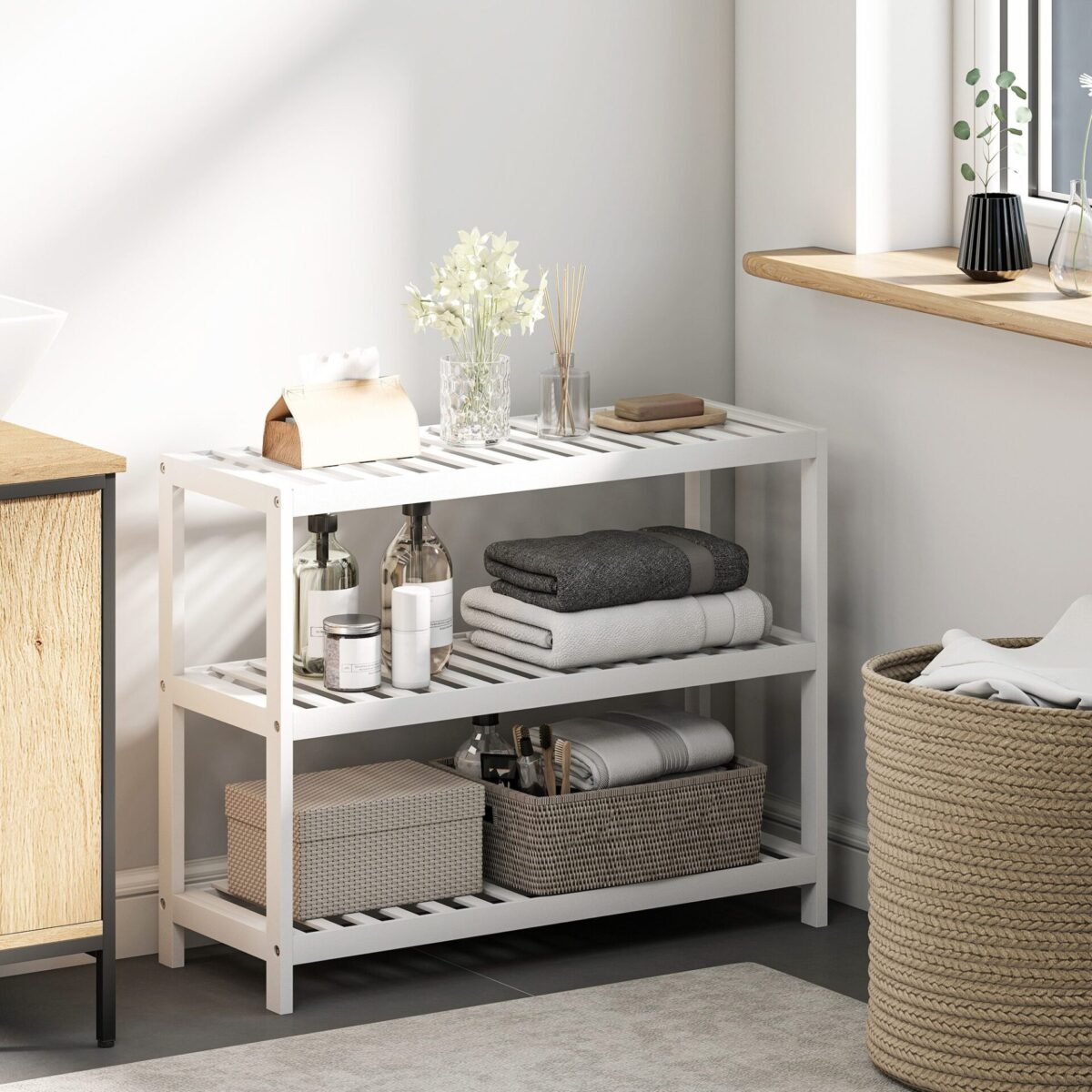 Trijų lygių bambukinė batų ir daiktų lentyna