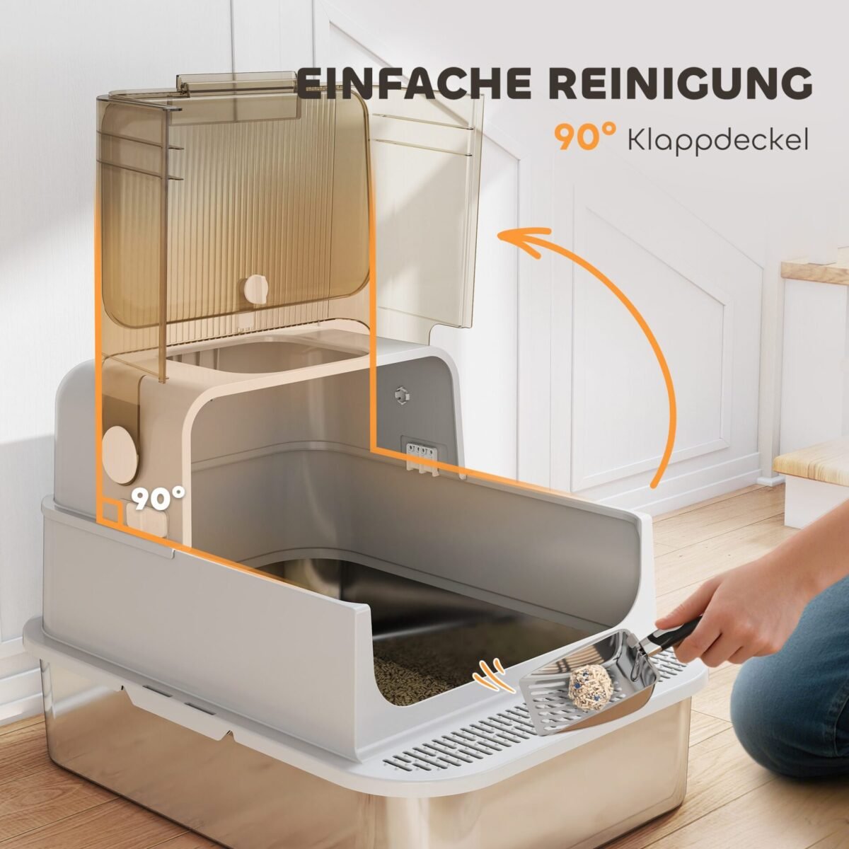 XXL nerūdijančio plieno katės tualetas su atverčiamu dangčiu ir kastuvėliu