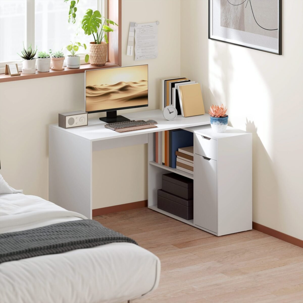 Rašomasis stalas su keičiama L forma arba tiesia konfigūracija su 2 lygių spintele ir stalčiumi