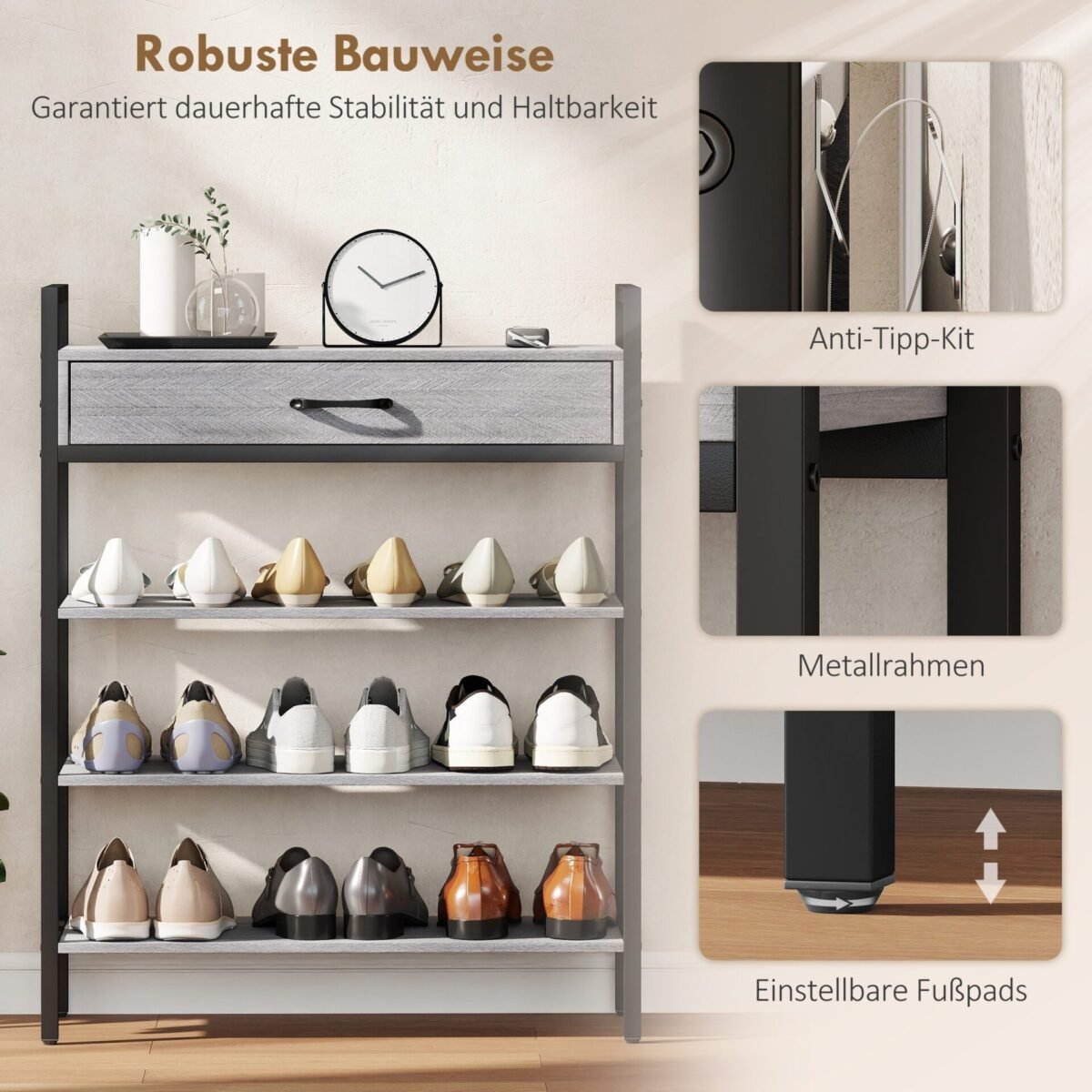 Trijų lygių prieškambario batų lentyna su stalčiumi