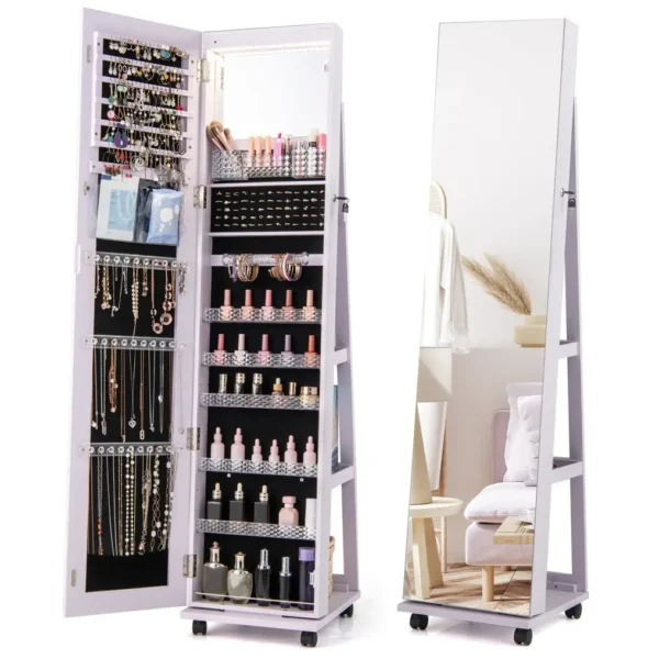 Kompaktiška papuošalų spintelė su veidrodžiu ir LED apšvietimu (Violetinė)