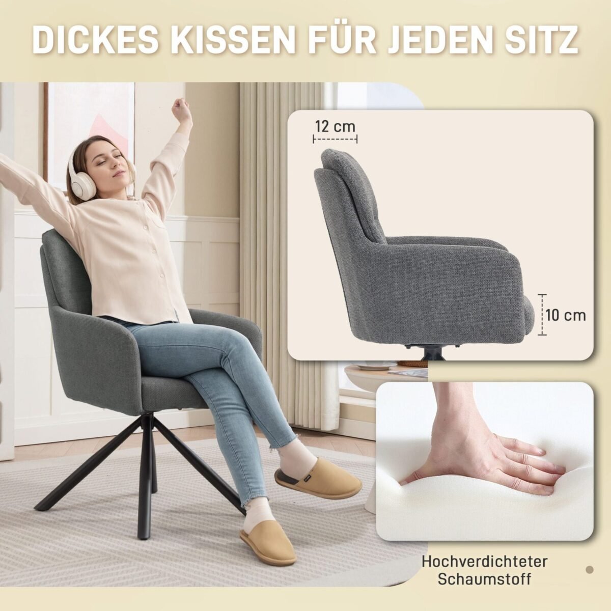 Valgomojo kėdė su 360° pasukama sėdyne, storu paminkštinimu ir porankiais