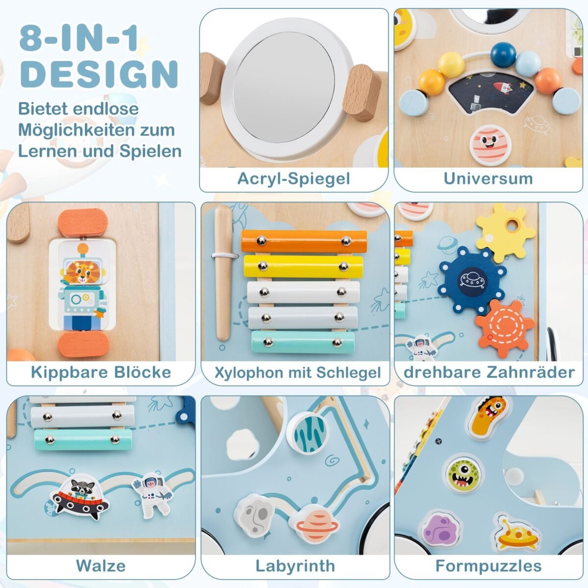 Medinis lavinimo vežimėlis su 8 veiklomis (Mėlyna)