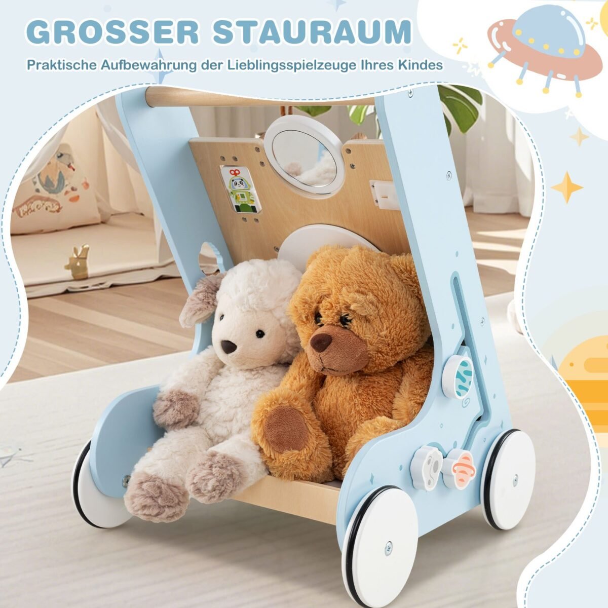 Medinis lavinimo vežimėlis su 8 veiklomis (Mėlyna)