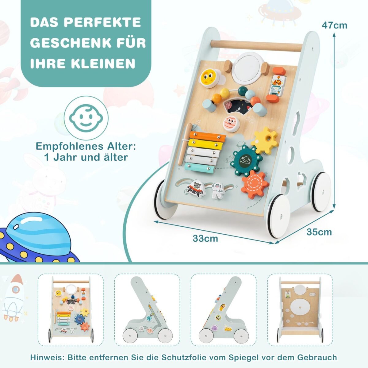 Medinis stumiamasis ir traukiamasis vežimėlis su lavinamaisiais elementais (Žalia)